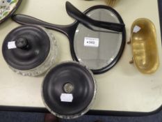 A PAIR OF CUT GLASS POWDER BOWLS, WITH EBONY LIDS AND A COPPER SMALL BOWL, IN THE FORM OF A BATH