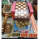 THREE OLD WOODEN TENNIS RACKETS, DARE DEVIL TRIK-TRAX, CHESS SET AND OTHER OLD GAMES VARIOUS