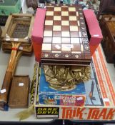 THREE OLD WOODEN TENNIS RACKETS, DARE DEVIL TRIK-TRAX, CHESS SET AND OTHER OLD GAMES VARIOUS