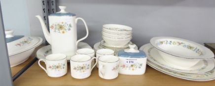 A ROYAL DOULTON CHINA 'PASTORALE' PATTERN DINNER SERVICE TO INCLUDE; COFFEE JUG, 5 CUPS, SUGAR BOWL,