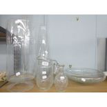 QUANTITY OF GLASSWARES TO INCLUDE; A LARGE POLISH PEDESTAL FLOWER VASE, TWO TALL FLOWER VASES , JUGS