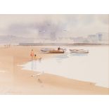 JOHN HORNER WATERCOLOUR DRAWING BOAT AND BEACH SCENE SIGNED 10 1/2" X 14"