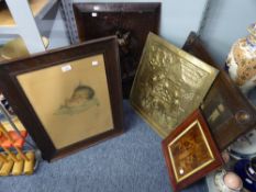 A GROUP OF PICTURES AND WALL HANGINGS TO INCLUDE: WOOD EFFECT FOX PANEL, BRASS REPOUSSE WALL