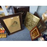 A GROUP OF PICTURES AND WALL HANGINGS TO INCLUDE: WOOD EFFECT FOX PANEL, BRASS REPOUSSE WALL