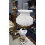 MID 20th CENTURY ADAPTED BRASS OIL LAMP WITH WHITE SPIKED GLASS WELL AND SHADE, GLASS FUNNEL AND A