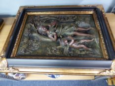 AFTER A. MOREAU MOLDED FRAMED WALL HANGING OF A YOUNG GIRL AND CHERUB AMONGST TREES AND BIRDS, AND