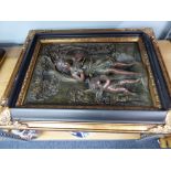 AFTER A. MOREAU MOLDED FRAMED WALL HANGING OF A YOUNG GIRL AND CHERUB AMONGST TREES AND BIRDS, AND