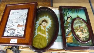 A GROUP OF ORIENTAL INSPIRED PICTURES TO INCLUDE: PAINTED PORCELAIN FRAMED WALL PLAQUE, PAINTED SILK