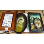 A GROUP OF ORIENTAL INSPIRED PICTURES TO INCLUDE: PAINTED PORCELAIN FRAMED WALL PLAQUE, PAINTED SILK