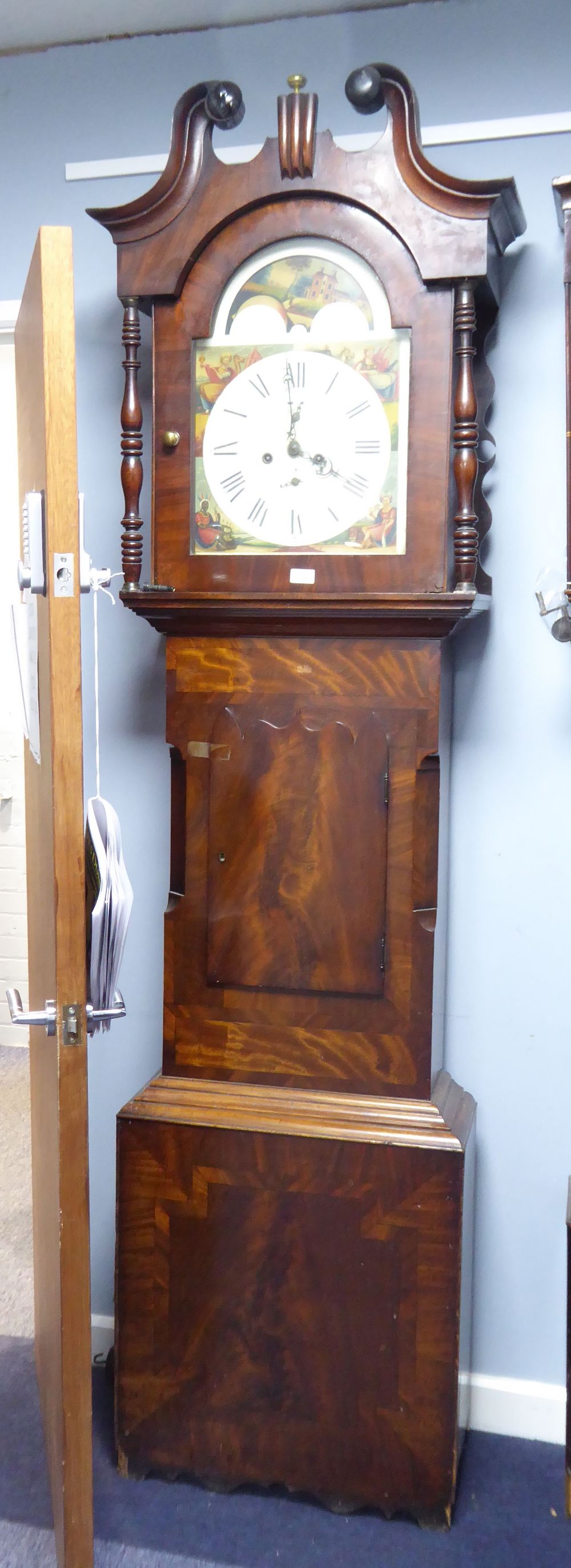 NINETEENTH CENTURY FIGURED MAHOGANY LONGCASE CLOCK WITH ROLLING MOON PHASE, the 14" painted dial - Image 2 of 2