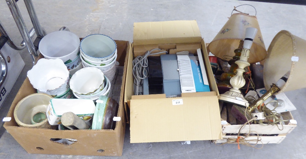 A SELECTION OF OLD HAND TOOLS, A SLIDE PROJECTOR AND A SELECTION OF CERAMIC JARDINIERES