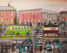 P. WORRALL ARTIST SIGNED LIMITED EDITION COLOUR PRINT Busy Salford street scene with figures and