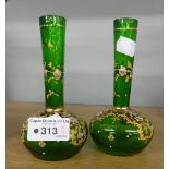 A PAIR OF GREEN AD GILT SMALL GLOBE AND SHAFT SHAPED VASES