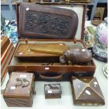 LEATHER SUITCASE CONTAINING VARIOUS WOODEN ITEMS TO INCLUDE; PLAQUE WITH FEMALE FIGURE, BOXES, HIPPO