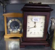 A MAHOGANY BRACKET CLOCK WITH BRASS CARRYING HANDLE AND ANOTHER VARIOUS