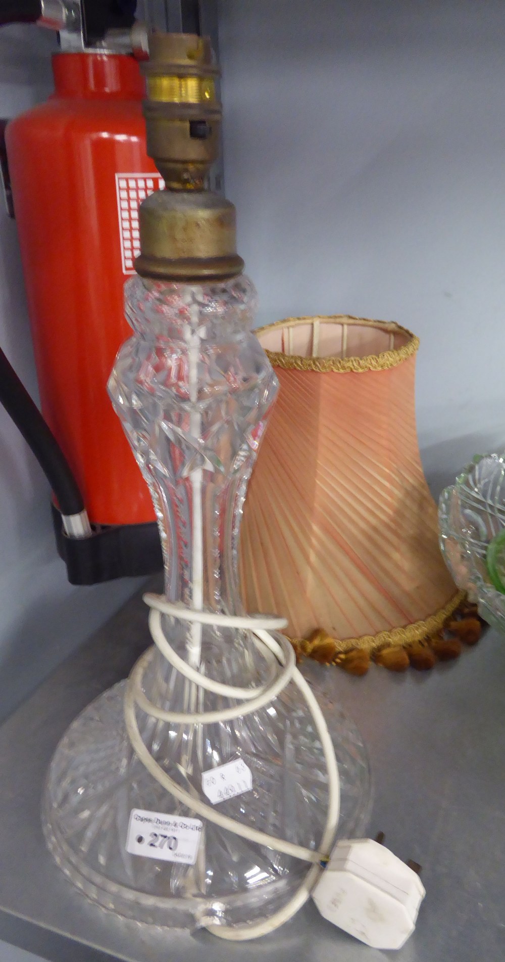 A CUT GLASS TABLE LAMP WITH FABRIC SHADE