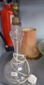 A CUT GLASS TABLE LAMP WITH FABRIC SHADE