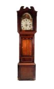 EARLY NINETEENTH CENTURY LINE INLAID MAHOGANY AND OAK LONGCASE CLOCK WITH ROLLING MOON PHASE