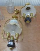 A PAIR OF CEILING LIGHTS WITH CLOUDY WHITE GLASS SHADES AND GILT FRAMES WITH TWO UPLIGHTERS (2)
