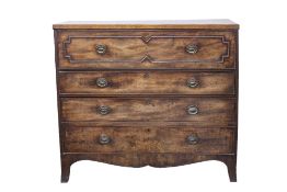 GEORGE III MAHOGANY SECRETAIRE CHEST, the crossbanded oblong top above a fall front secretaire
