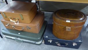 FOUR VARIOUS SUITCASES AND A METAL HAT BOX