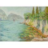 CATHY JOHNSON (TWENTIETH CENTURY) TWO PASTEL DRAWINGS River scape with flowers and trees 15 ½" x