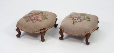 PAIR OF VICTORIAN CARVED WALNUT TABOURET FOOT STOOLS, each of serpentine outline with floral