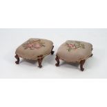 PAIR OF VICTORIAN CARVED WALNUT TABOURET FOOT STOOLS, each of serpentine outline with floral