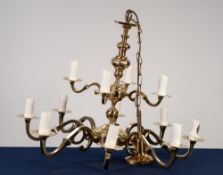 MODERN DUTCH STYLE TWO TIERED TWELVE LIGHT ELECTROLIER, with central panelled baluster column
