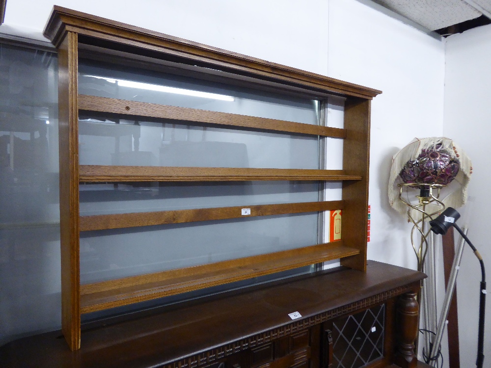 AN OAK MURAL TWO TIER PLATE RACK, 4' WIDE, 2'6" HIGH