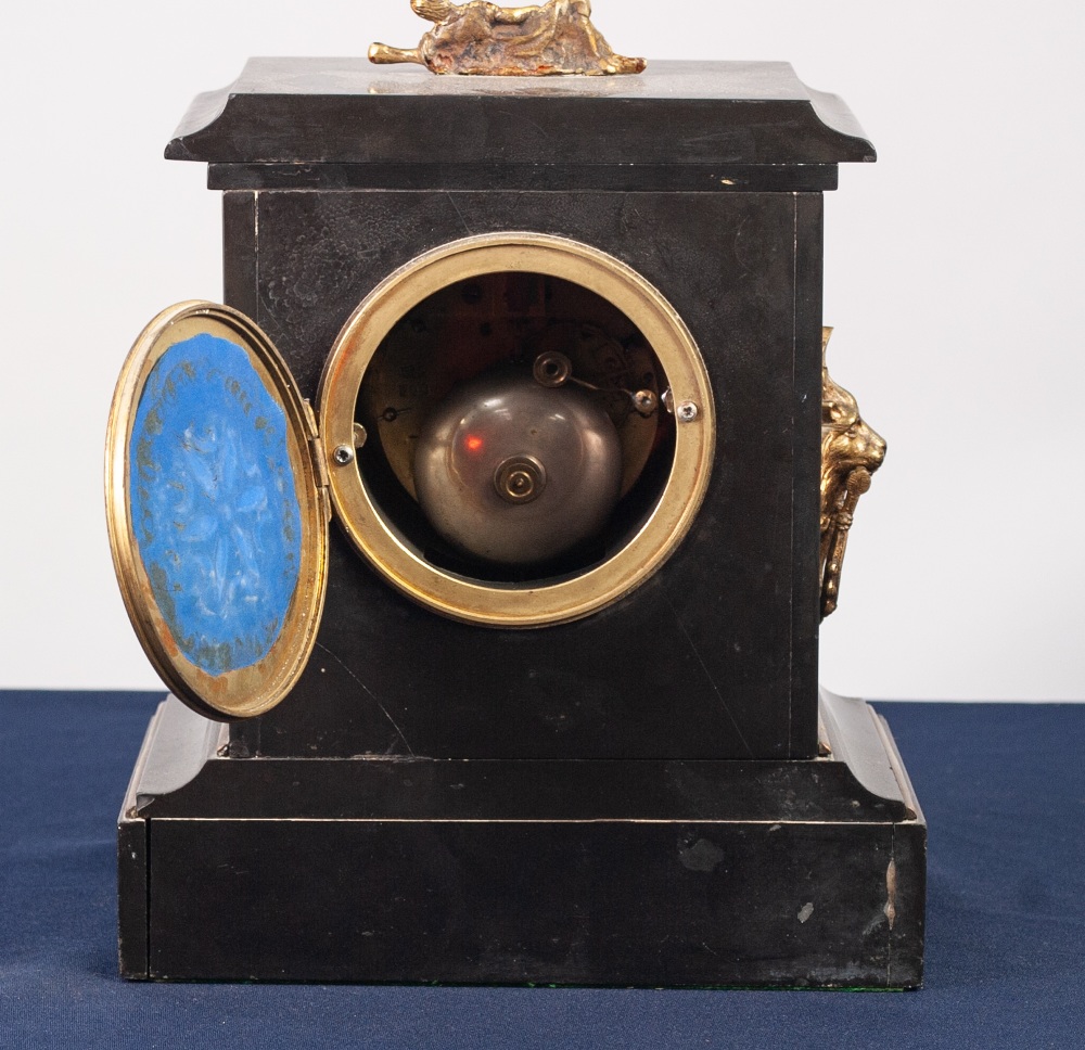 LATE NINETEENTH CENTURY BLACK SLATE AND GILT METAL MANTLE CLOCK, the 4" Roman dial, indistinctly - Image 2 of 2