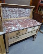 A LIGHT OAK WASHSTAND, WITH TWO SHORT DRAWERS ABOVE ONE LONG DRAWER, MARBLE TOP AND BACK BOARD (