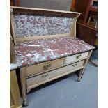 A LIGHT OAK WASHSTAND, WITH TWO SHORT DRAWERS ABOVE ONE LONG DRAWER, MARBLE TOP AND BACK BOARD (