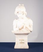 'STUDIO E LAVORO' WHITE MARBLE BUST OF A YOUNG GIRL, modelled holding needleworrk and reading from