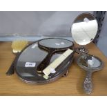 A FOUR PIECE WHITE METAL DRESSING TABLE SET, ANOTHER HAND MIRROR AND A SIMULATED TORTOISESHELL