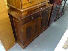 A DARK WOOD SMALL CABINET WITH TWO DRAWERS OVER TWO CUPBOARD DOORS