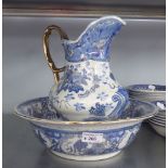 A BLUE AND WHITE POTTERY TOILET JUG AND BOWL