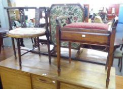 INLAID MAHOGANY TUB SHAPED SINGLE CHAIR, PIANO STOOL AND A MAHOGANY GRATESCREEN