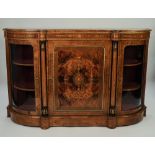 MID VICTORIAN INLAID FIGURED WALNUT AND ORMOLU MOUNTED CREDENZA, the moulded burr cut top above a