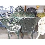 METAL PAINTED GARDEN TABLE, HAVING PAIR OF SINGLE GARDEN CHAIRS (5)