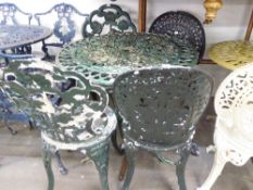 METAL PAINTED GARDEN TABLE, HAVING PAIR OF SINGLE GARDEN CHAIRS (5)