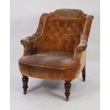 LATE VICTORIAN UPHOLSTERED TUB SHAPED LOW ARMCHAIR, with deep buttoned back enclosed by conforming