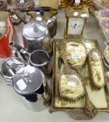 AN OLD HALL STAINLESS STEEL COFFEE SERVICE, A DRESSING TABLE SET, A BRASS KETTLE AND A CARRIAGE