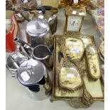 AN OLD HALL STAINLESS STEEL COFFEE SERVICE, A DRESSING TABLE SET, A BRASS KETTLE AND A CARRIAGE