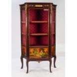 REPRODUCTION FRENCH GILT METAL MOUNTED MAHOGANY AND MARBLE TOPPED VITRINE, the shaped marble top