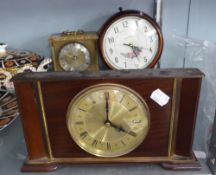 METAMEC MAHOGANY BATTERY OPERATED MANTEL CLOCK, A PADDINGTON QUARTZ WALL CLOCK AND A GERMAN QUARTZ