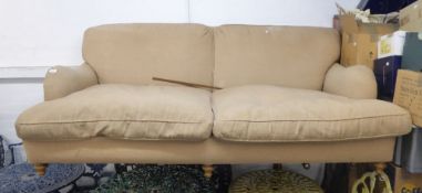 MODERN, FULLY UPHOLSTERED FOUR SEATER SETTEE with two loose cushions, on turned forelegs with