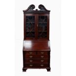 GEORGIAN STYLE BUREAU BOOKCASE, THE TOP WITH ASTRAGAL GLAZED DOORS ENCLOSING TWO WOODEN SHELVES, THE
