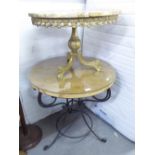 METAL BASE GARDEN TABLE WITH WOODEN TOP AND GLASS PROTECTOR AND A MARBLE TOPPED COFFEE TABLE ON