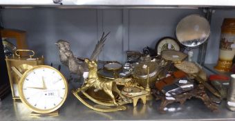 TWO BRASS CASED CARRIAGE STYLE BATTERY MANTEL CLOCKS, A PAIR OF SILVER PLATED MODELS OF PHEASANTS